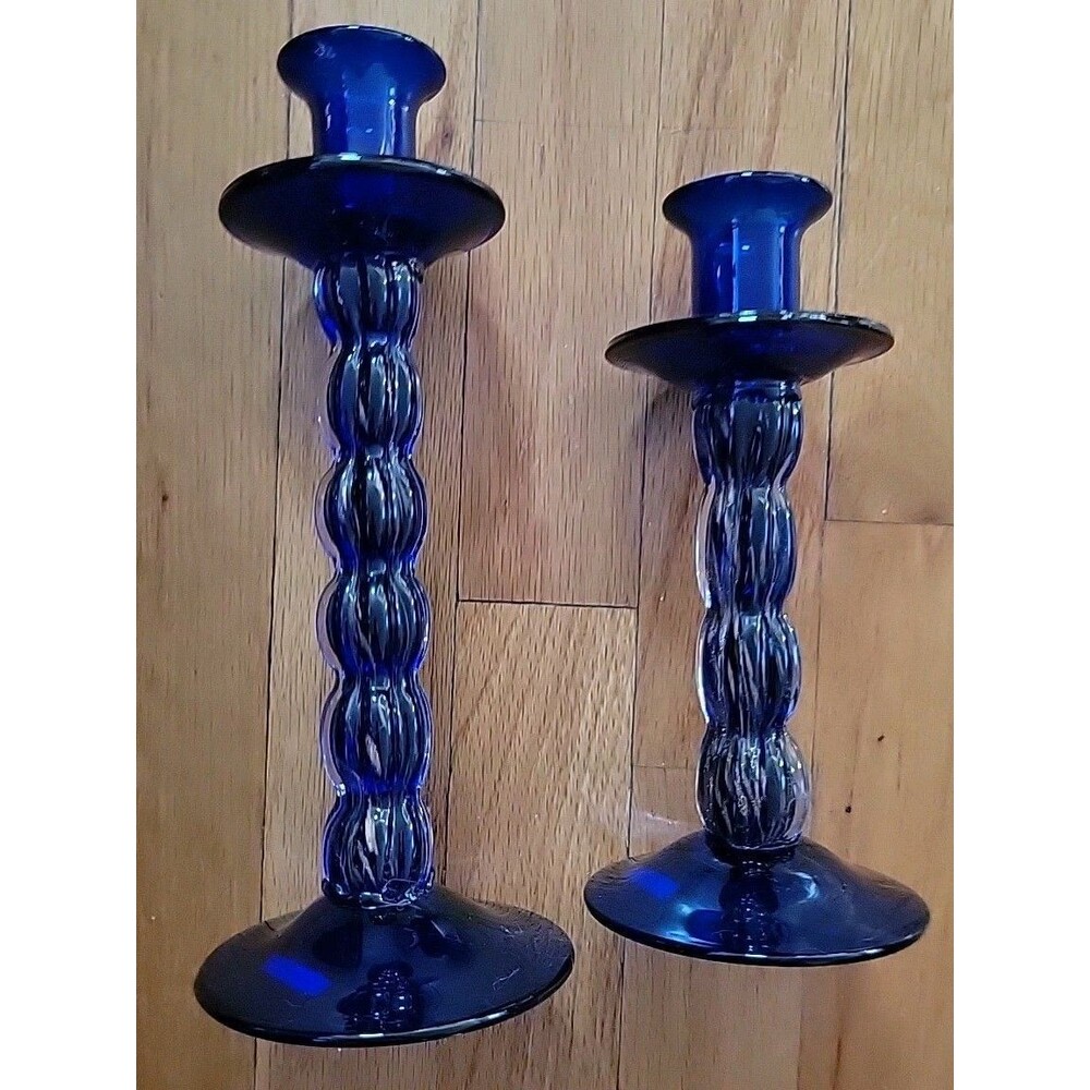 Vintage MCM Blue Hand Blown Set Of Art Glass Candlesticks With Gold Swirl 10"8"